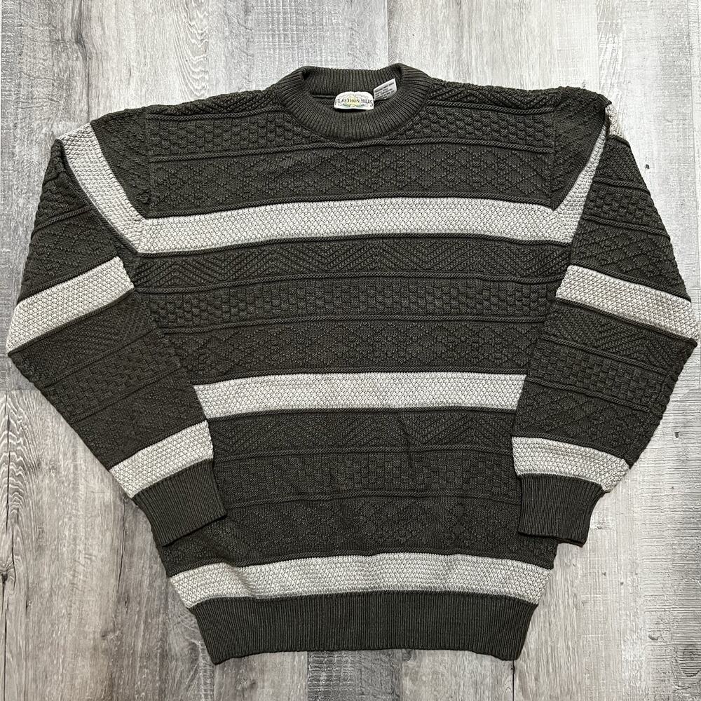VTG Flatiron Mills Grey Striped Cable Knit Pull Over Mens Crewneck Sweater Sz M